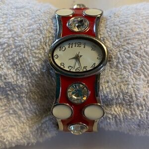 Working Red Ename and Rhinestone Cuff Bracelet Style Watch with New Batteries!